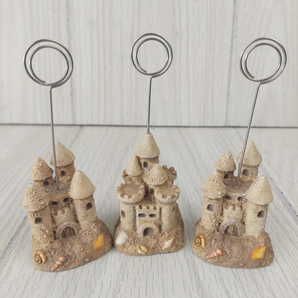 Sandcastle Photo Card Holders Set of 3 Tan Beach Coastal Decor Seashells Home